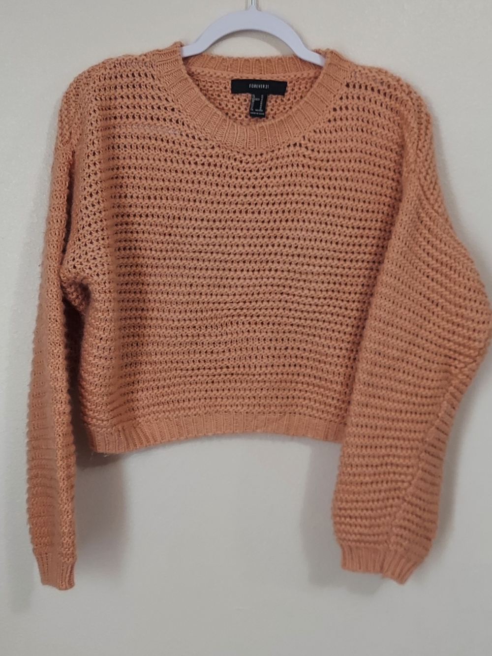 Forever 21 Peach Open-Knit Cropped Crewneck Sweater